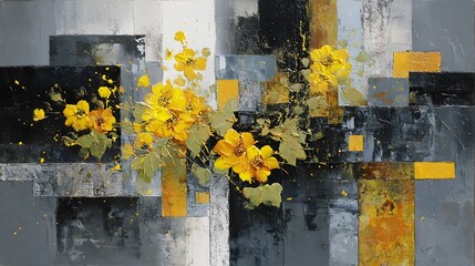Abstract floral painting with yellow flowers and textured geometric gray background art