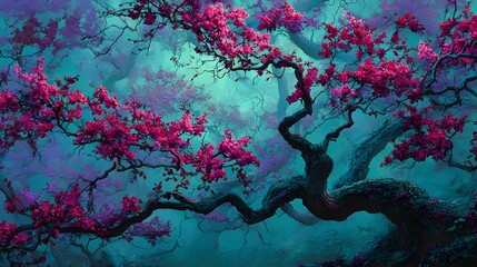 Fototapeta premium Fantasy cherry blossom tree with pink flowers against a teal backdrop