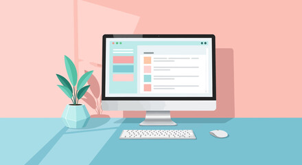 Modern computer setup with plant on desk, digital interface