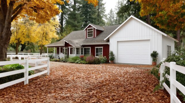 A classic red tractor is parked on a vibrant green lawn beside an old barn and a beautiful autumn tree, showcasing seasonal colors