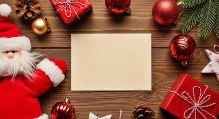 A blank Christmas card is centered on a wooden background, surrounded by Santa Claus, red ornaments, pine cones, and festive decorations
