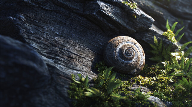 A detailed shot of a snail shell resting on a mossy rock face