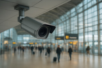 Surveillance camera inside a modern airport terminal