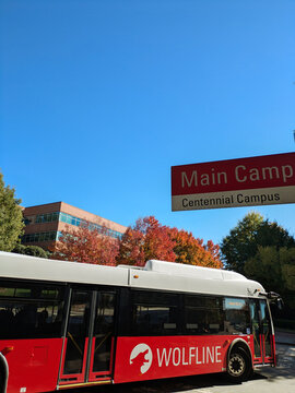 Raleigh, NC - USA - 11-5-2025: A Wolfline bus on the campus of NC State University, providing free transportation around campus to students