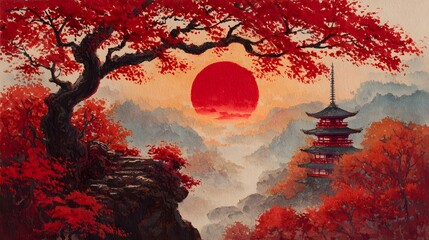 Japanese pagoda landscape art with autumn leaves and sunset mountain view