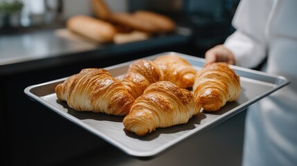 A young baker smiles while holding a tray of warm croissants, surrounded by other bakers working in a lively bakery setting