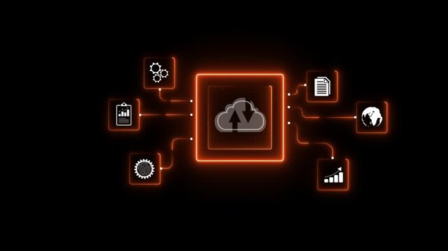 Mobile cloud technology integration modern workspace digital interaction neon glow animation on a black background. 4k