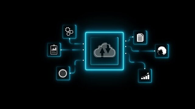 Mobile cloud technology integration modern workspace digital interaction neon glow animation on a black background. 4k