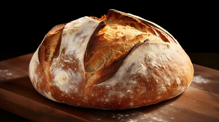 Golden crusty artisan bread loaf on a rustic wooden board, freshly baked and inviting.