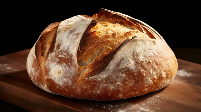 Golden crusty artisan bread loaf on a rustic wooden board, freshly baked and inviting.