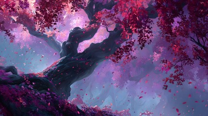 Mystical Pink Forest with Ancient Tree and Falling Leaves Illustration