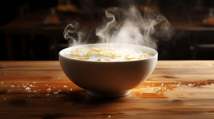 Steaming hot bowl of cereal on a wooden table, a comforting breakfast.