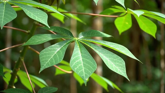 Closeup of vibrant green cassava leaves on a sunny day.