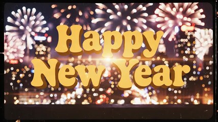 Retro happy new year lettering with fireworks animation. Golden text glowing on night sky background. Festive celebration greeting for new year eve.