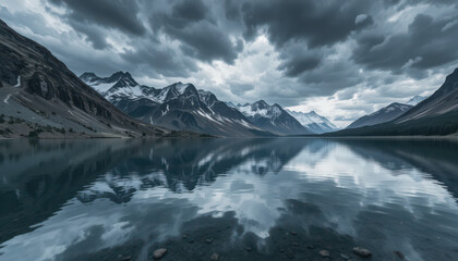 Mountain range reflecting in still lake under clouds