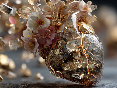 a transparent, glass-like heart with intricate blood vessel patterns and red blood cells visible inside. Surrounding the heart are white flowers with golden centers