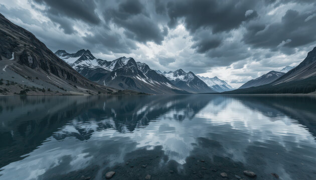 Mountain range reflecting in still lake under clouds