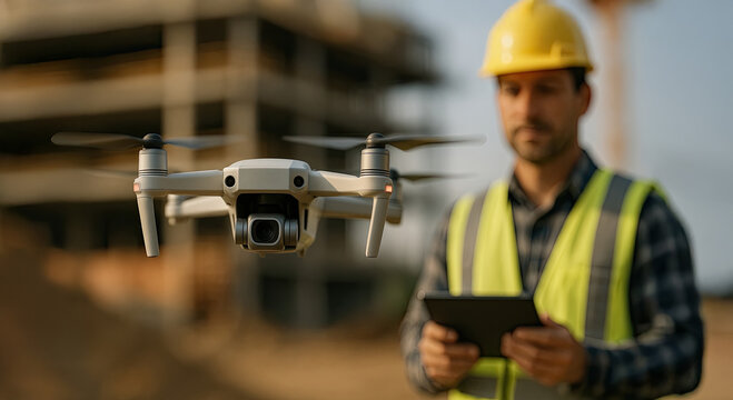 Construction Engineer Operating Drone on Building Site