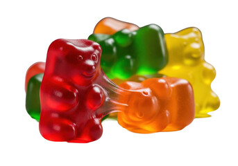 Extreme macro of vibrant, translucent gummy bears (red, green, orange, yellow), one ruby red pressed, showing pliable texture, isolated on transparent, dramatic backlighting, concept for sweet