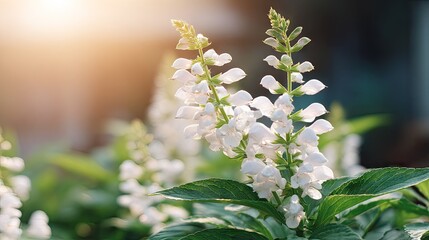 Elegant white flowers with lush green leaves bathed in soft sunlight