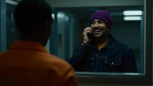Man Smiling During a Prison Visit, Talking on the Phone 
