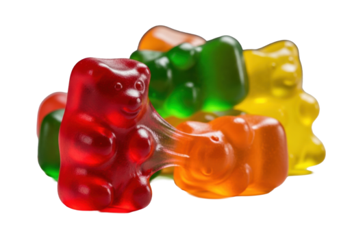 Extreme macro of vibrant, translucent gummy bears (red, green, orange, yellow), one ruby red pressed, showing pliable texture, isolated on transparent, dramatic backlighting, concept for sweet