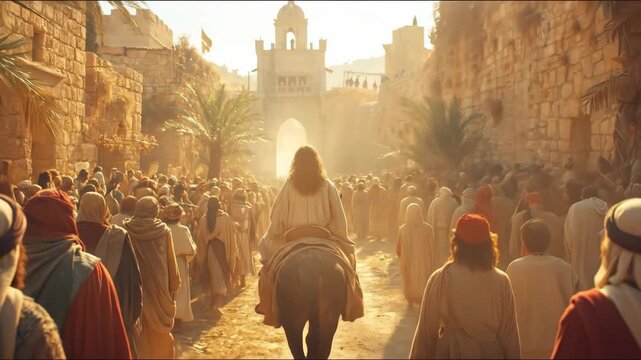 Man on donkey leads crowd through ancient city gate, religious procession for Christianity, Palm Sunday concept