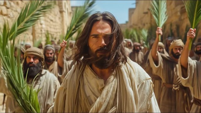 Jesus entering Jerusalem on Palm Sunday with palm branches and a crowd of people in a biblical historical scene