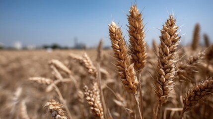 Naklejka premium A harvesting machine collects wheat from a field while golden crops sway gently in the breeze