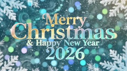 Animated merry Christmas and happy new year 2026 greeting card with sparkling snowflakes and glittering lights on festive blue background