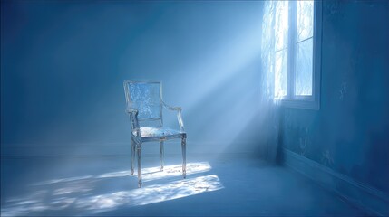 Empty room with chair illuminated by streaming sunlight near a window