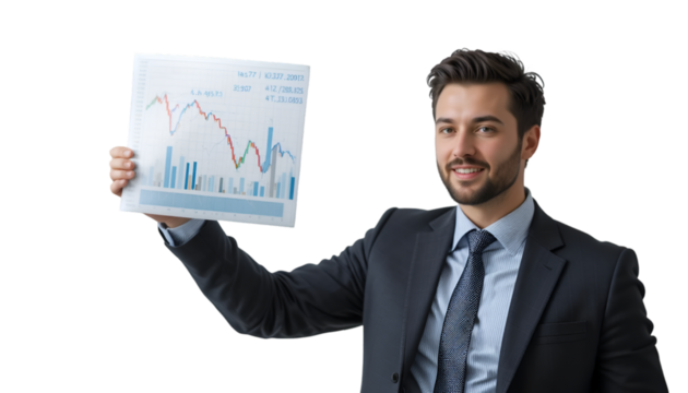 Smiling executive presenting a business analysis chart