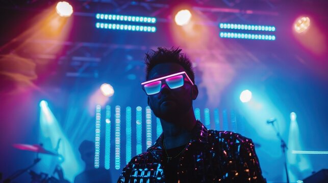 A young man with spiky hair wears neon sunglasses and a sequined jacket. He stands in front of colorful stage lights at a music concert. - Powered by Adobe