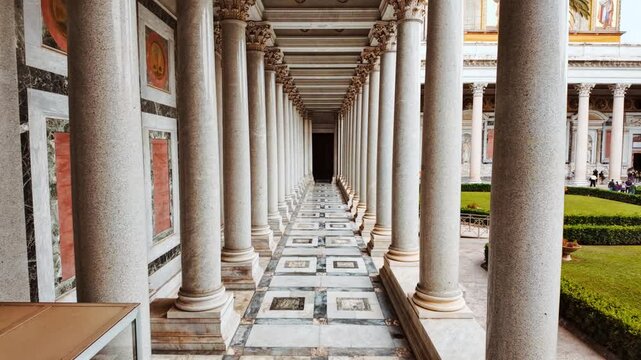 The quadriporticus of the Basilica of Saint Paul Outside the Walls or Basilica di San Paolo fuori le Mura in Rome, Italy
