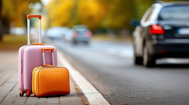 A pink suitcase stands on the sidewalk, surrounded by an urban setting as cars pass by in the distance during the afternoon