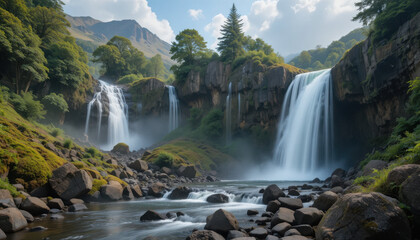 Fototapeta premium A scenic view of waterfalls flowing down the mountain