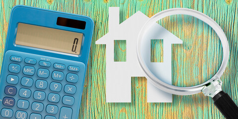 MORTGAGE LOAN CALCULATION WITH HOUSE SHAPE CALCULATOR AND MAGNIFIER - Financial concept for...
