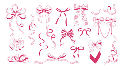 Pink fancy bows in coquette style. Vector girly elements on white background