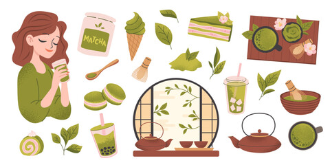 Matcha drinks, pastries, and sweets with popular Asian flavor of matcha
