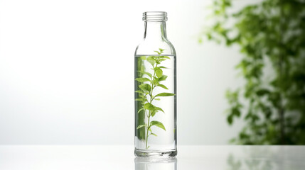 Clear bottle with fresh green plant growing inside, symbolizing purity and nature.