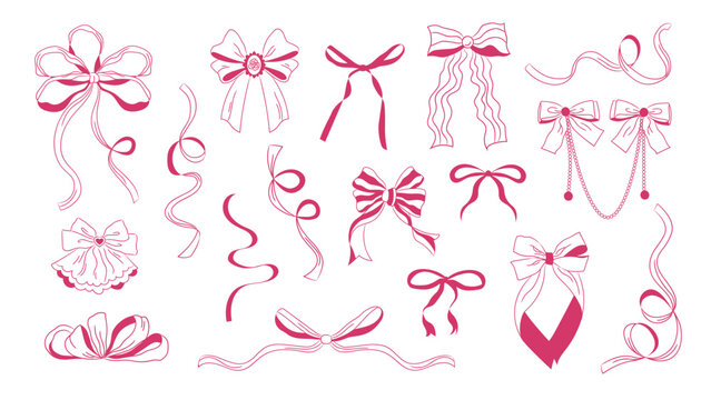 Pink fancy bows in coquette style. Vector girly elements on white background