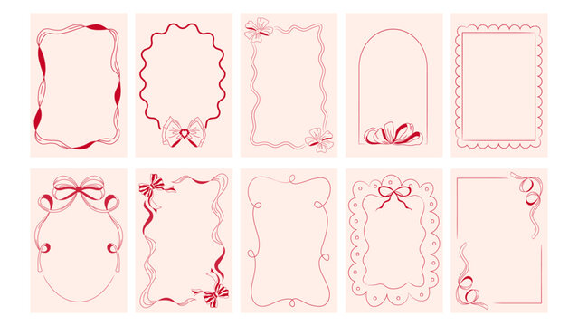 Vintage coquette frames with bows and ribbons, hand drawn doodles