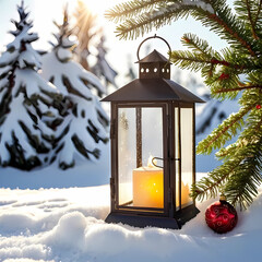 Christmas Lantern On Snow With Fir Branch in the Sunlight. Winter Decoration Background  