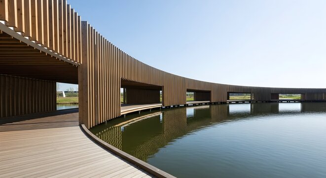 Curved wooden walkway and architectural structure over still lake on a clear sunny day