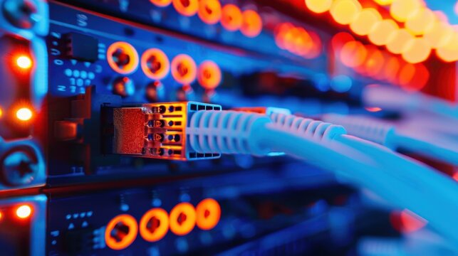 Close-up of network cables connected to a server with glowing LED lights. The scene highlights technology and data communication.