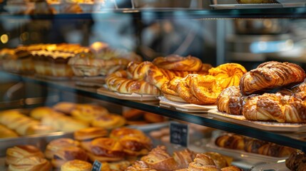 A display of various baked goods including croissants, danishes, and pastries in a bakery. The items are golden brown and arranged neatly on shelves.