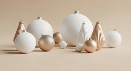 Minimalist white and champagne gold christmas decorations, festive season studio shot