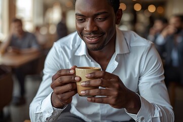 Man enjoying a sandwich and coffee in a bustling cafe or restaurant environment.