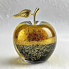 Glass apple paperweight with swirling gold glitter 