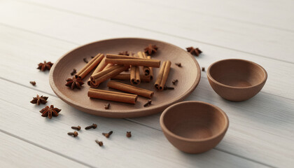 Cinnamon sticks arranged neatly in a handcrafted clay tray, a few sticks lying nearby